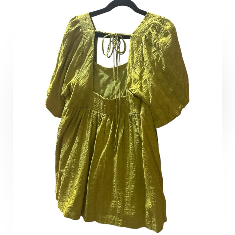 Free People Gigi Blouson Puff Sleeve Tunic Dress Medium Chartreuse Boho Pockets - Picture 8 of 12